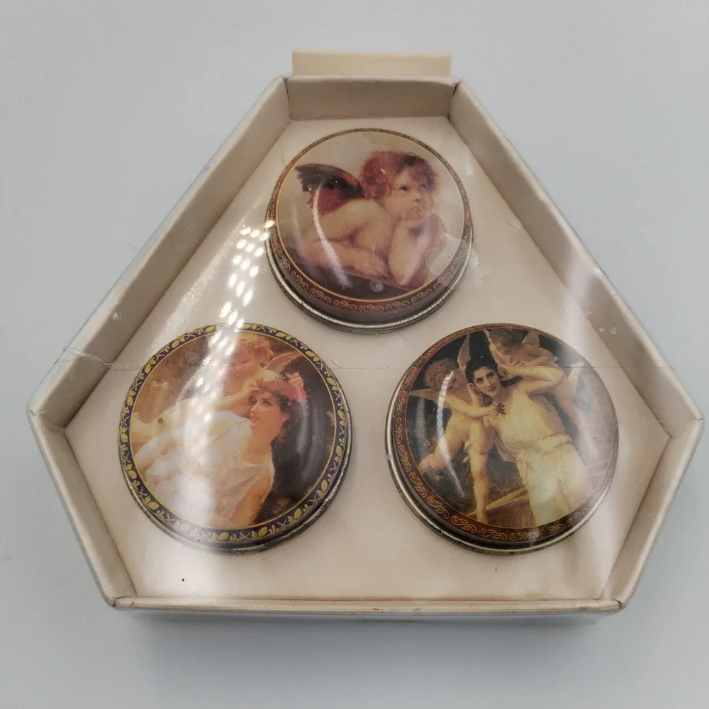 3 Pack Pill Metal Boxes Angels Querubim Victorian Style Plastic Tray In Each Box